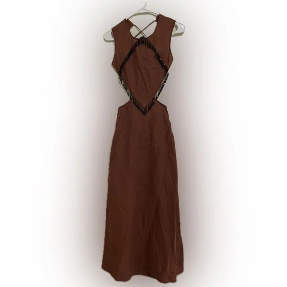 Ganni Hemp Maxi Dress with Beaded Trim Rootbeer Brown - Picture 7 of 16